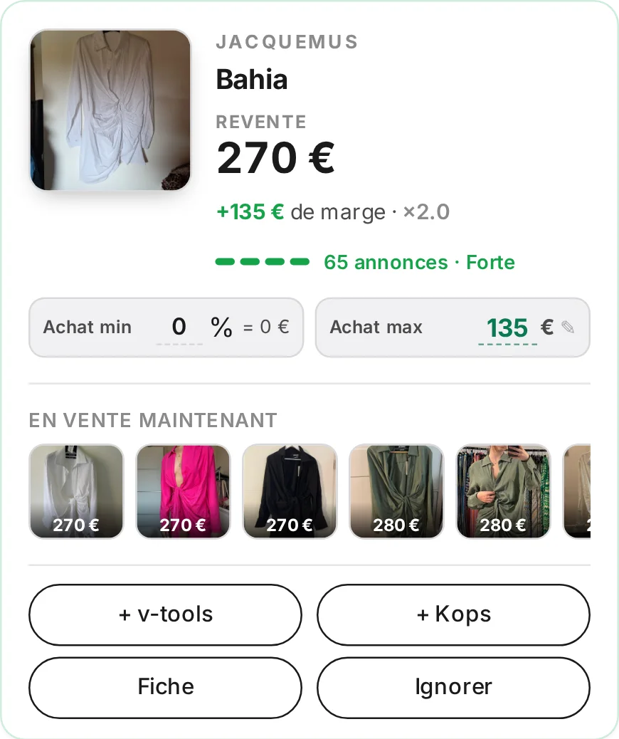 Résultats de scan Loopya : filtres rentables avec revente estimée, marge et prix max d'achat